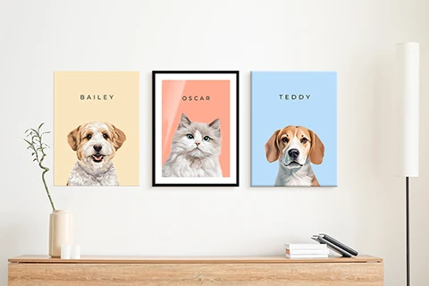 op maat gemaakte portretten van huisdieren aan de muur