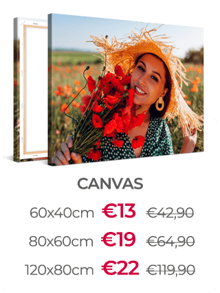 60x40cm Foto op Canvas voor €13, 80x60cm voor €19 en 120x80cm voor €22