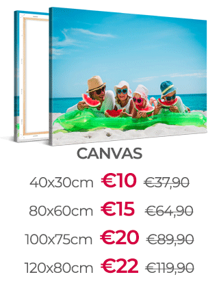 40x30cm Foto op Canvas voor €10, 80x60cm voor €15, 100x75cm voor €20 en 120x80cm voor €22