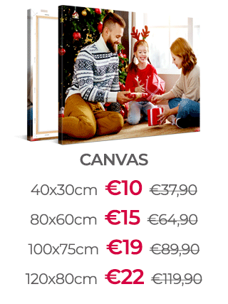 40x30cm Canvas Print voor €10, 80x60cm voor €15, 100x75cm voor €19 en 120x80cm voor €22